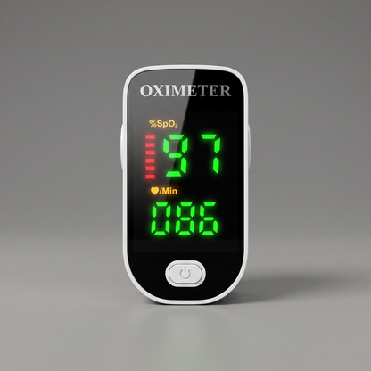 Fingertip pulse oximeter, front view