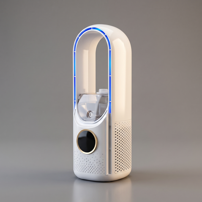 Bladeless portable air conditioner, angled view